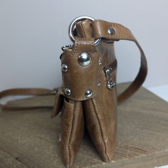 90s Leather Shoulder Bag, Shiny Light Brown Tan, The Trend Italy, Multiple Zippe - Picture 7 of 12